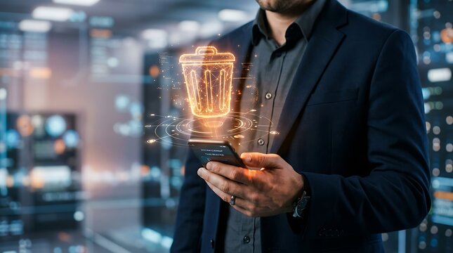 Businessman using smartphone with holographic trash bin icon representing digital file deletion and data management in office environment