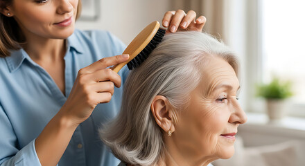 Naklejka premium Senior woman getting hair brushed by caregiver at home in warm natural light