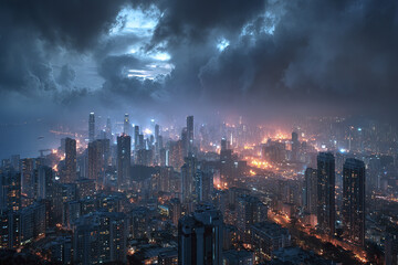 Fototapeta premium Panorama of skyscraper cityscape at night with storm clouds and glowing lights creating dramatic and moody urban atmosphere