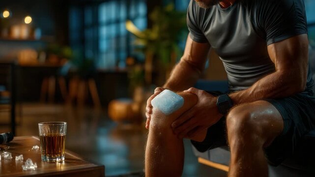 Athlete applying ice pack to knee injury in modern living room