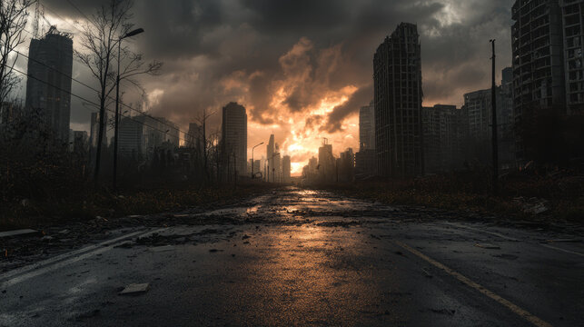 Apocalyptic cityscape with ruined buildings and a desolate road under a dramatic sunset sky