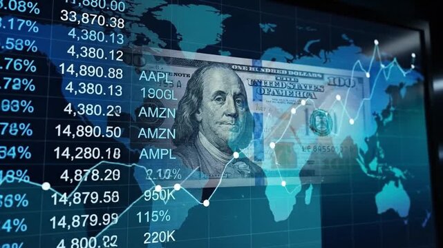 Global Stock Market Data, US Dollar & Growth Chart Overlay. Digital Financial Trading, Investment & Economic Analysis