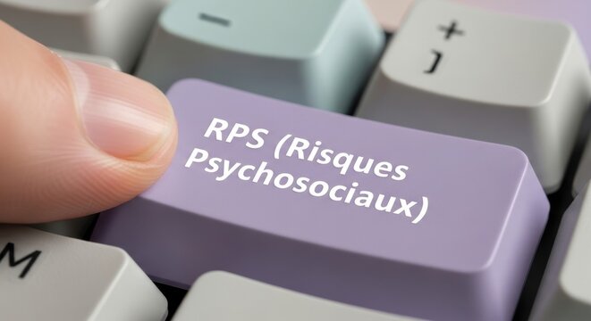Finger Pressing Purple RPS Risques Psychosociaux Button on Keyboard for Workplace Mental Health Concept