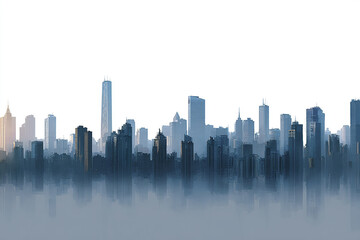Naklejka premium Modern city skyline with tall skyscraper buildings and foggy atmosphere creating mysterious and calm urban scene isolated on white background
