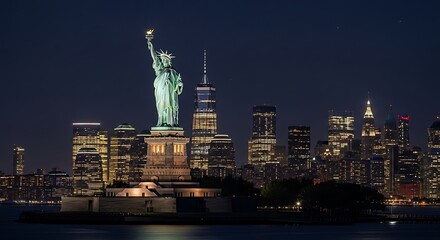 Statue of Liberty illuminated at night, contrasted against a backdrop of twinkling city skyscrapers, reflecting in the water below