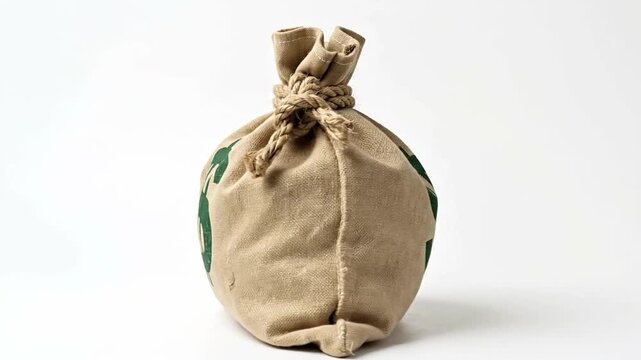 Small tied fabric sack or money bag on white background, representing wealth, savings, or valuable contents