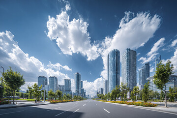 Obraz premium Panoramic cityscape with skyscrapers and green park along empty wide road under bright blue sky with scattered white clouds, creating calm and spacious urban atmosphere