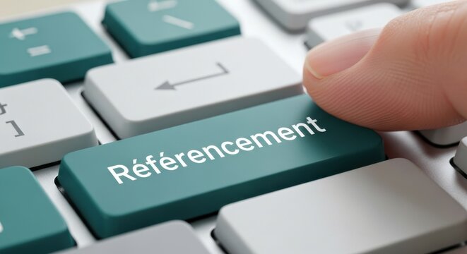Finger Pressing Teal R&eacute;f&eacute;rencement Button on Keyboard for French Search Engine Optimization Concept