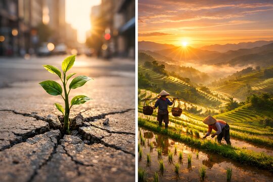 Juxtaposition of Plant Sprouting Through Urban Pavement Beside Scenic Terraced Rice Fields at Sunrise, Symbolizing Resilience, Agriculture, and Harmony Between Nature and Human Activity.