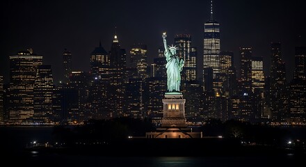 Statue of Liberty illuminated at night, with NYC skyline in the background, showcasing urban beauty