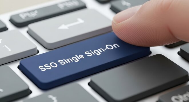 Finger Pressing SSO Single Sign-On Button on Keyboard for Secure Digital Authentication Concept