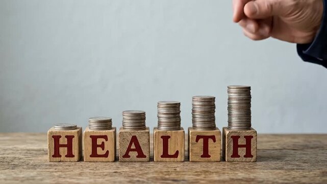 Financial investment in health: growing stacks of coins on wooden blocks spelling 'HEALTH' with a hand adding more.