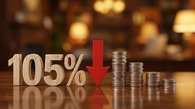 105% financial decrease. Red down arrow with declining coin stacks symbolizing economic loss and negative growth.