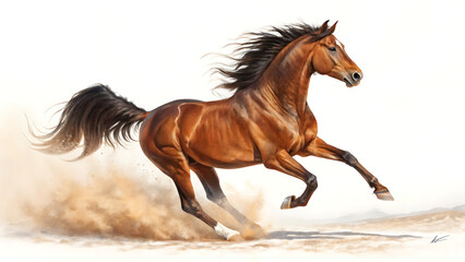 Fototapeta premium Majestic chestnut horse galloping on sandy desert with flying mane and tail in golden light