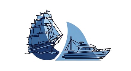 Illustration of nautical vessels, including a traditional tall ship and a modern motor yacht in shades of blue