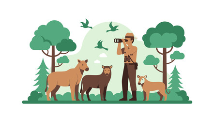 Wildlife ranger observing animals in nature with binoculars, surrounded by trees and birds.