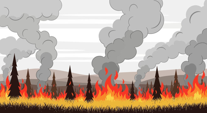 Wildfire Spreading Through Forest with Smoke and Flames