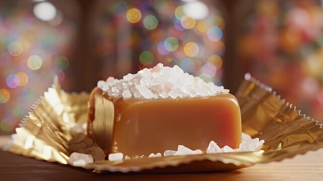 Caramel candy sprinkled with sea salt in golden wrapper