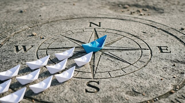 Blue paper boat leading white paper boats on compass rose symbolizing leadership and direction in business strategy