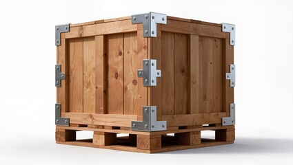 Heavy duty wooden shipping crate mounted on pallet isolated on white background, industrial transport and logistics packaging container.