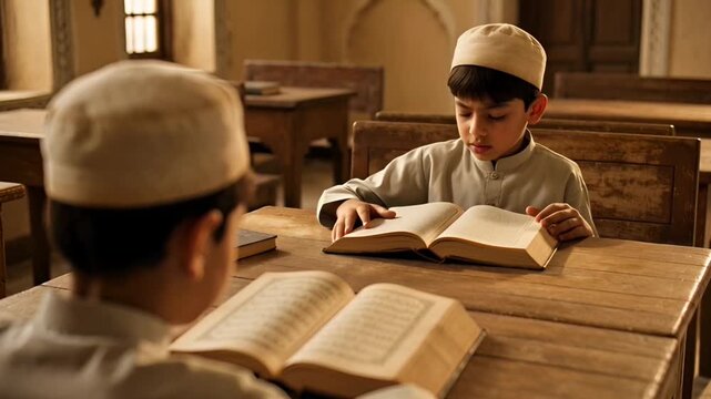 Young Muslim boys studying religious texts in a traditional madrasa setting.