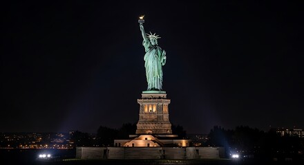 Fototapeta premium Statue stands tall at night with a torch raised high. The dark sky surrounds the lit up landmark with its detailed architecture