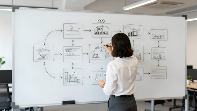 Professional business woman drawing project management flowcharts on a large whiteboard in a modern office workspace