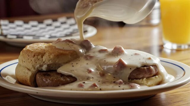 Creamy gravy pouring over biscuits and sausage on plate