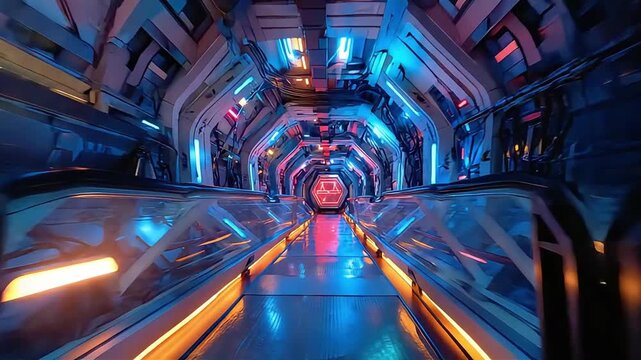 A vibrant, futuristic tunnel creates a sense of forward momentum and technological advancement. Perfect for illustrating innovation, progress, or a jo