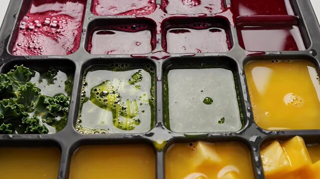 Compartmentalized tray with colorful fruit and vegetable juices