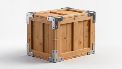 Reinforced wooden shipping crate with metal corner brackets isolated on white background, industrial transport and packaging container.