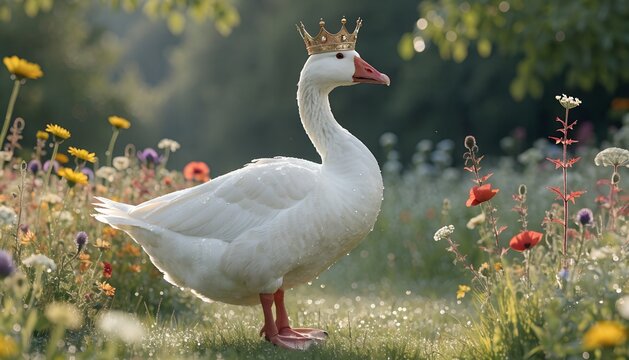 Majestic white goose wearing a golden crown standing regally in a beautiful summer meadow with colorful wildflowers