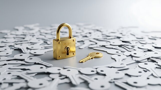 Golden padlock with key surrounded by numerous white keys symbolizing security and access control in business concept