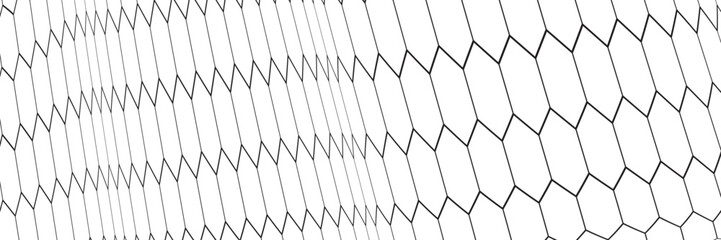 Fishing or soccer net. Repeated hexagon pattern. Black wired mesh texture isolated on white background. Metallic or fabric fence, cage or lattice structure. Vector graphic Illustration. © Musrifah
