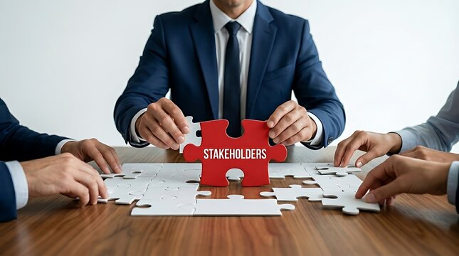 Business professionals assembling puzzle with red piece labeled stakeholders symbolizing teamwork and collaboration in corporate strategy