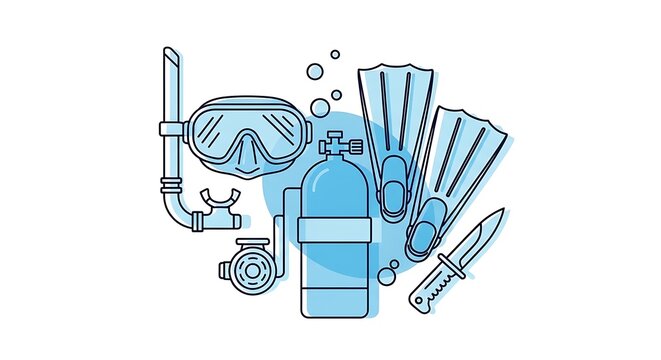 Line-art illustration of scuba diving equipment, including mask, snorkel, fins, tank, regulator, and knife