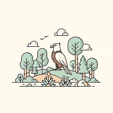 Stylized illustration showcasing an eagle perched on a grassy hill, surrounded by trees and clouds, executed with clean lines