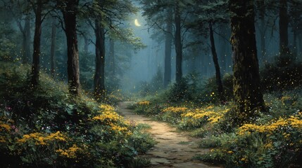 Obraz premium Enchanted Forest Path Under Moonlight with Flowers and Fireflies