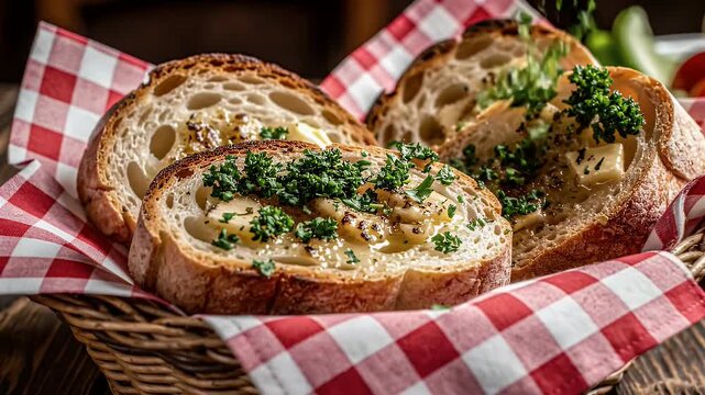 Fresh garlic bread with parsley in a basket