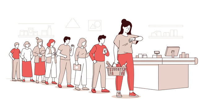 People queuing at supermarket checkout, waiting in line to pay for groceries