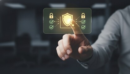 Obraz premium Cybersecurity, Data Protection, Network Security, Digital Safety, Privacy, Risk Management, Information Technology. Business man interacting with advanced security shield interface