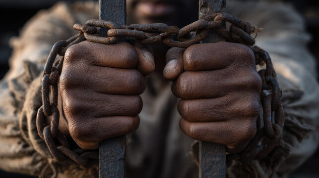 Close up of two dark skinned hands gripping rusted metal bars and chained around wrists, conveying struggle, confinement and resilience in low light