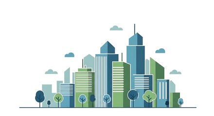 Fototapeta premium Modern urban skyline vector illustration featuring simplified buildings, trees, clouds, in shades of blue and green, set against a white background