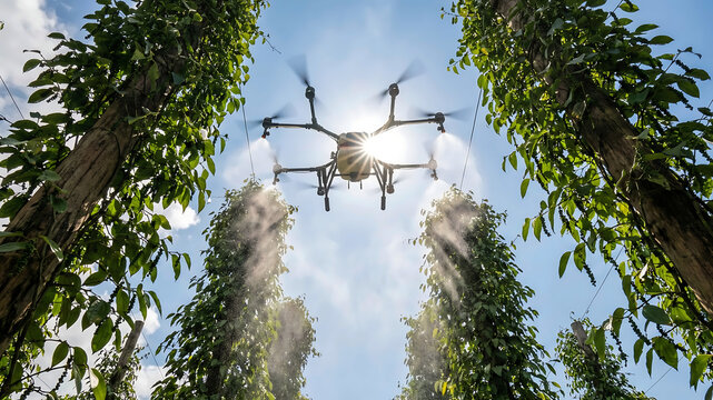 Low Angle View of Agricultural Drone Spraying Mist on Tall Pepper Vines in Bangka Plantation