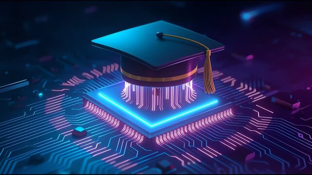 Digital education concept with graduation cap on glowing microchip and futuristic circuit board background