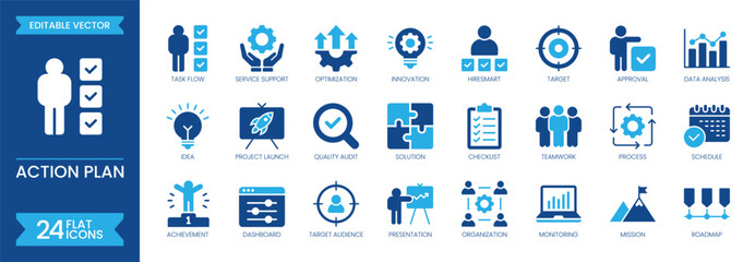 Action plan flat icon set. Containing project management, business strategy, planning actions, schedule, analysis, tasks, goal, roadmap, target, competition and more. Solid vector icons collection © SomDraw