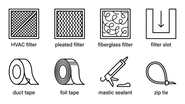 Air ventilation maintenance icons set including hvac filter pleated and fiberglass types plus tape