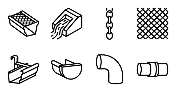 Collection of drainage elements for house gutter system outline icon set one hundred characters