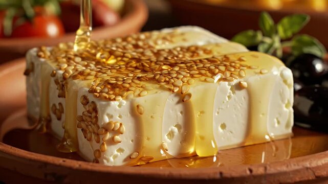 Honey drizzled over sesame cheese block