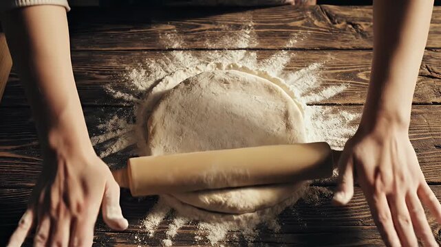 Hands using rolling pin to flatten dough on floury wooden table